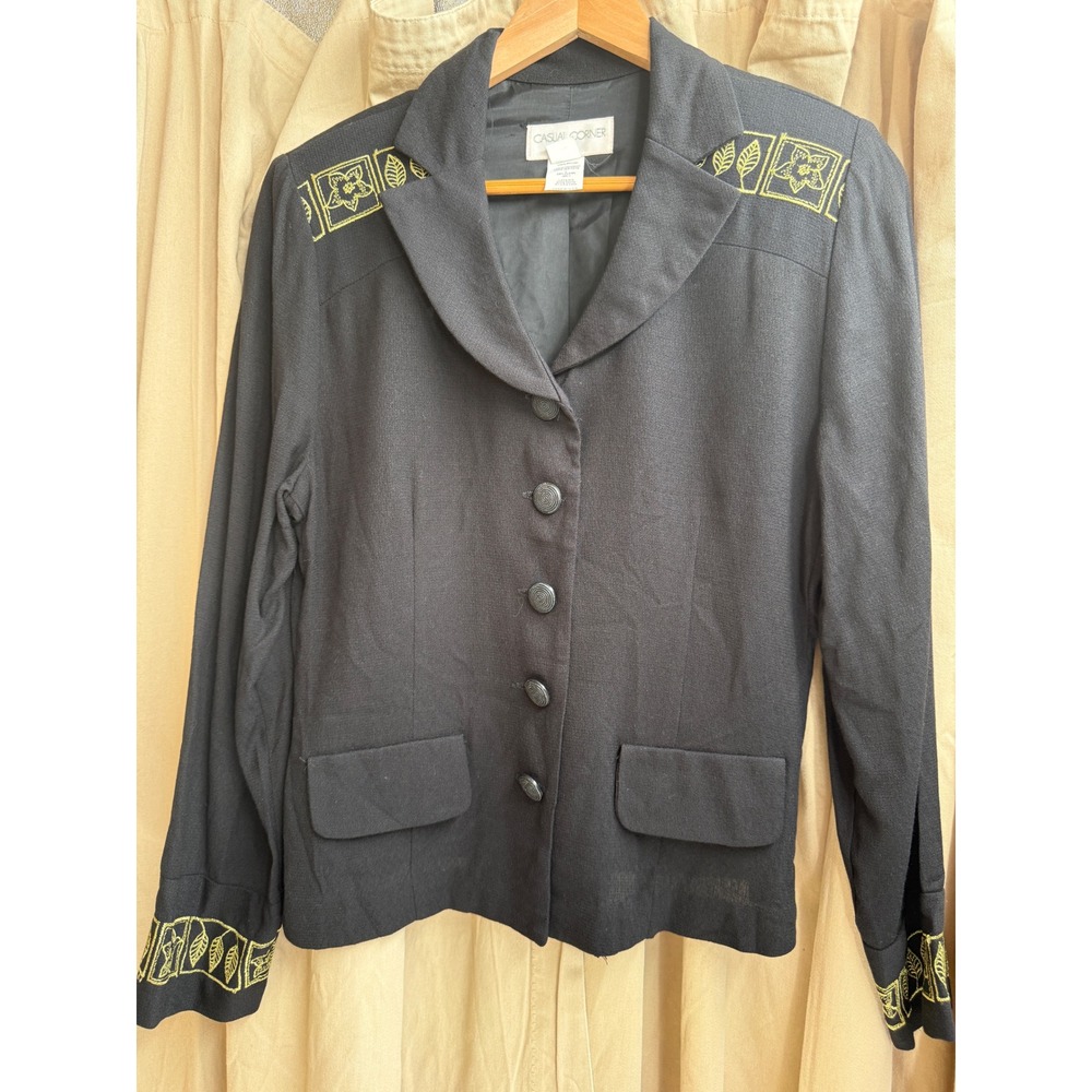 Vintage 90s Casual Corner Black Rayon Blazer 10 Embroidered Art Deco Floral